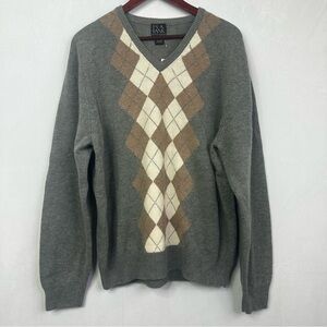 Jos. A. Bank Lambs Wool Preppy Sweater Long Sleeve Light Academia Argyle Gray